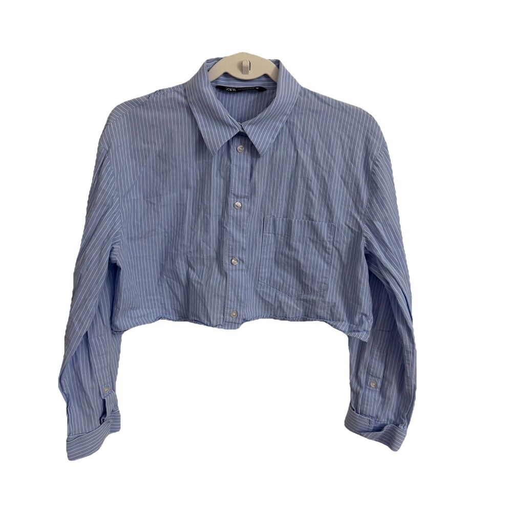 Zara Crop Top Medium Oxford Shirt Blue Striped Open Back Long‎ Sleeve Blouse